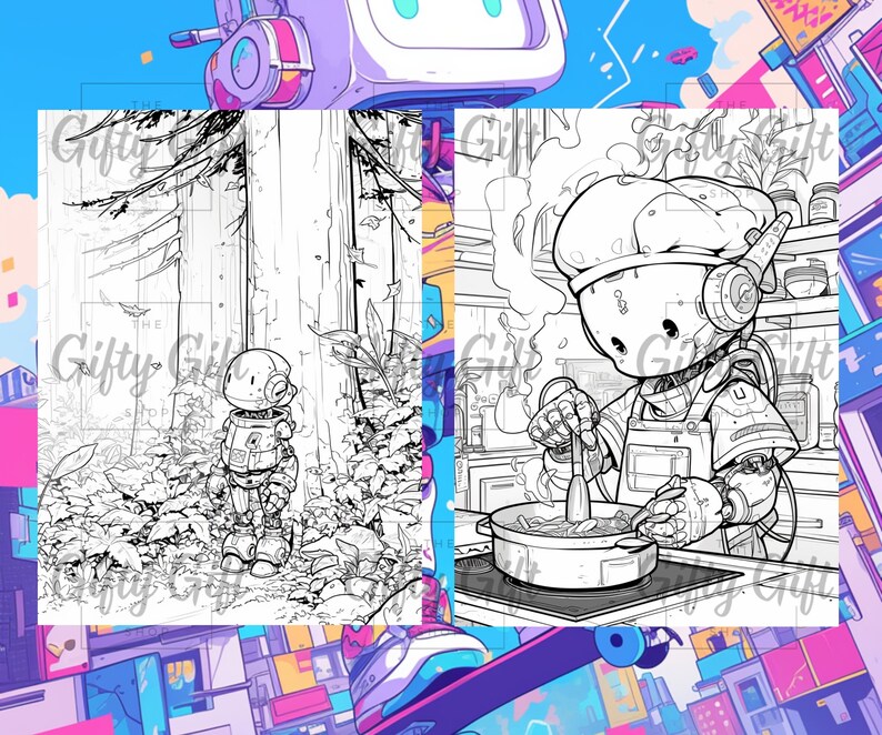 Puede incluir: Un dibujo en blanco y negro de un robot chef que lleva un gorro de cocinero y un delantal, revolviendo una olla de comida en una estufa. El robot est&aacute; en un entorno de cocina con estantes y armarios en el fondo.