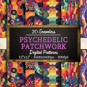 Psychedelische Patchwork nahtlose Muster, 20 psychedelische digitale Papiere, persönliche und kommerzielle Nutzung, Print on Demand freundlich