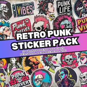 Puede incluir: Un conjunto de pegatinas retro punk con ilustraciones de calaveras, figuras punk y textos como "Punk Vibes" y "Punk Forever". La paleta de colores incluye rosa, negro, blanco y turquesa. Para uso personal y comercial.