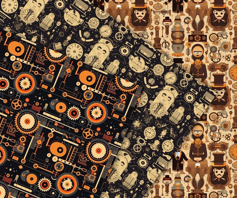 Steampunk Seamless Patterns, 25 Steampunk Digital Papers, Instant ...