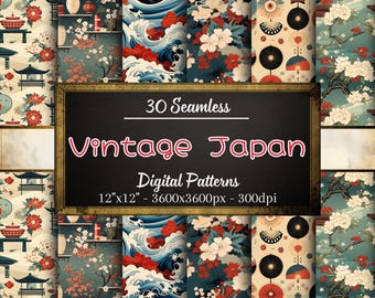 May include: 30 Seamless Vintage Japan Digital Patterns, 12"x12" - 3600x3600px - 300dpi.  A collection of digital paper patterns featuring Japanese-inspired designs, including cherry blossoms, waves, pagodas, and fans.