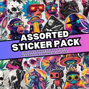 Assorted Sticker Pack, 100 Stickers Mega Pack, Cool Sticker Pack, Instant Download, Personal & Commercial Use, Print on Demand Friendly