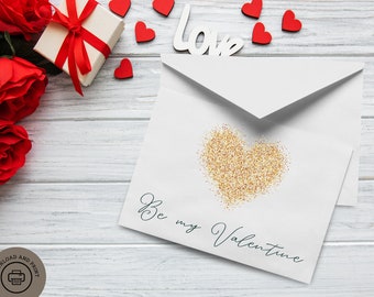 Be My Valentine - Karte mit Gold Glitzer Herz | Druckbare Karte zum Valentinstag ++ DIGITAL DOWNLOAD++