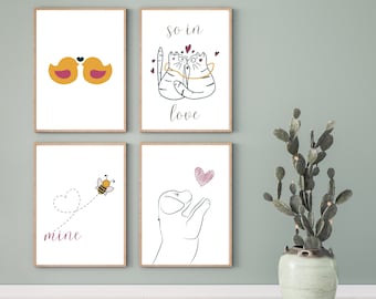 Más que la decoración del Día de San Valentín de los pájaros y las abejas ** Conjunto de 4 IMPRIMIBLES ** Galería de San Valentín Pared ** Arte de pared romántico ** Descargas digitales