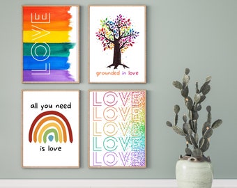Inspired by the Rainbow valentines day decor ** set of 4 PRINTABLES ** PRIDE and LGTBQ ** romantic wall art ** digital downloads
