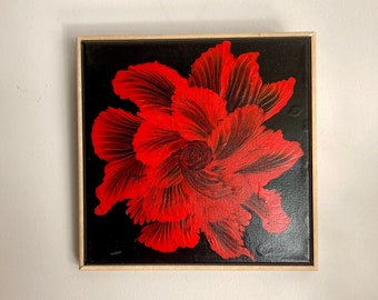 Fleur rouge: Peinture abstraite unique, peinte à la main, décoration murale, design d'intérieur, acrylique sur toile de 20x20 cm