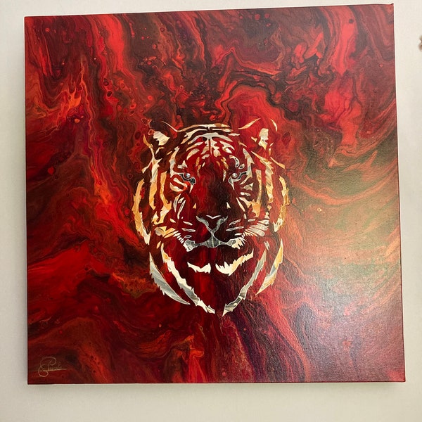 Tiger: Peinture abstraite unique, peinte à la main, décoration murale, design d'intérieur, acrylique sur toile 3D de 60x60 cm.