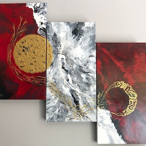 Gong: Peinture abstraite faite main, décoration murale, design d'intérieur, Tryptique  sur toile 3D au total de 90x85 cm.