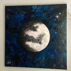 Moon: Unique abstract painting, hand painted, wall decoration, interior design, acrylic on 3D canvas 80x80 cm.