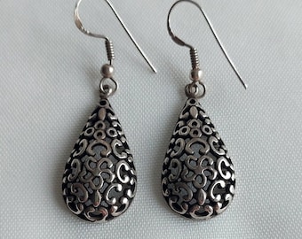 Silver Drop Earrings, 925 Sterling Silver, Vintage