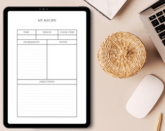 Modèle de feuille de recettes imprimable, modèle de livre de recettes, cartes de recettes numériques, dossier de recettes minimaliste, 8,5 x 11 imprimable, planificateur alimentaire