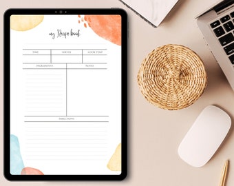 Modèle de feuille de recettes imprimable, modèle de livre de recettes, cartes de recettes numériques, dossier de recettes coloré, imprimable 8,5 x 11, planificateur alimentaire