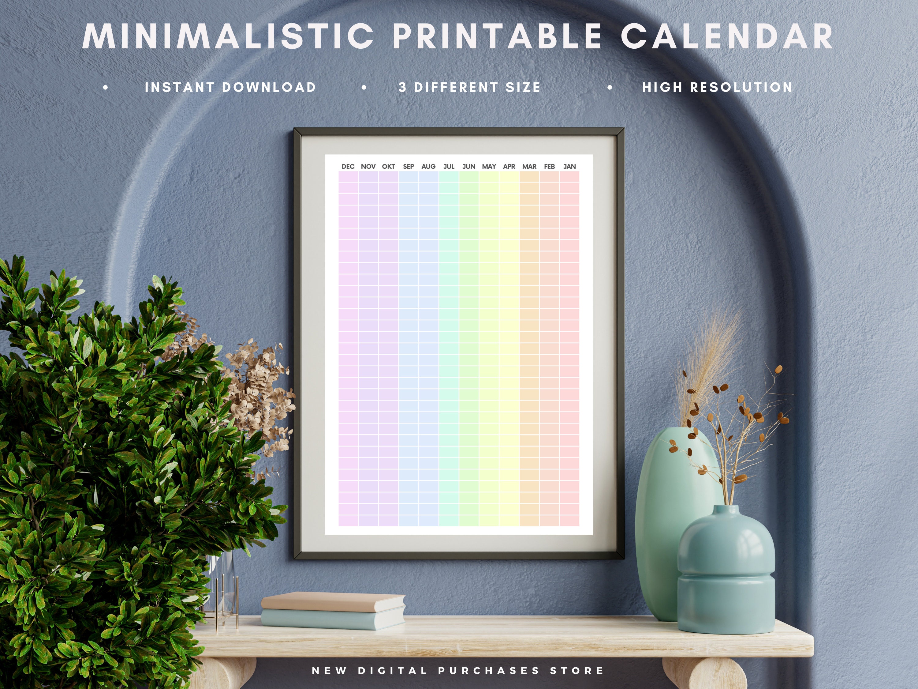 Annual Year at a Glance Planner, Wall Calendar Printable, Rainbow Large ...