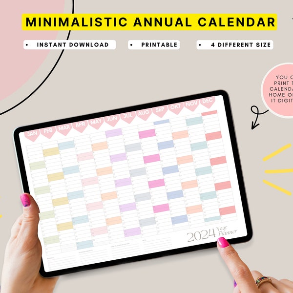 2024 Annual Year at a Glance Planner, Wall Calendar Printable, Rainbow Large Yearly calendar, Giant 12-month tracker, Modern, Minimalist