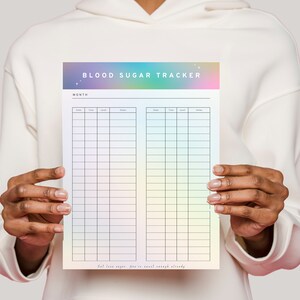 May include: A printable blood sugar tracker with a rainbow gradient background. The tracker has columns for date, time, level, and notes. The text "Eat less sugar. You're sweet enough already." is at the bottom of the page.