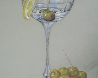 Original Pastel Painting Still Life Martini and Olives Art 30x40 cm/ 11.8x15.7 inche