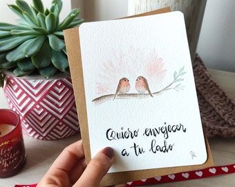 Tarjeta de San Valentín, tarjeta de aniversario, con frase personalizable, petirrojos, acuarela