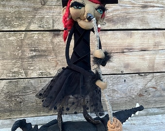 Witch on a Crocodile Rag Doll, Gothic Dark Home Decor, Handmade Art