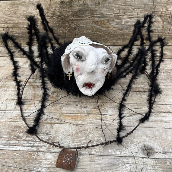 OOAK Handmade Gothic Spider Witch Decor, Lace Hat, Dark Folk Art (38cm)