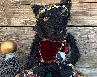 Black Fortune Teller Cat Rag Doll, Gothic Handmade Art, Boho Fantasy Decor