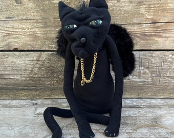 Black Cat Angel Rag Doll, Handmade Gothic Home Decor, OOAK Doll, Dark Cottagecore