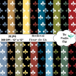 Puede incluir: Un paquete de papel digital con 20 patrones diferentes que presentan flores de lis blancas sobre fondos de varios colores. Los patrones miden 30,48 cm por 30,48 cm y tienen una resolución de 300 DPI. El texto "Medieval Fleur de Lis" está en la parte superior de la imagen. El texto "The Martin Club" está en forma de nube en la parte superior derecha de la imagen.