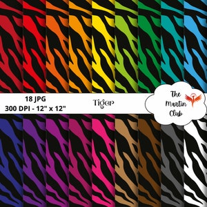 Puede incluir: 18 diseños de papel digital con un patrón de rayas de tigre blanco y negro en varios colores, incluyendo rojo, naranja, amarillo, verde, azul, morado, rosa, marrón, gris y blanco. Los papeles son de 30,48 cm por 30,48 cm y 300 DPI.