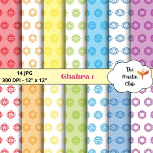 Digitala papper med chakra-bakgrundsmönster, 7 chakrasymboler - digital nedladdning - personligt och kommersiellt bruk