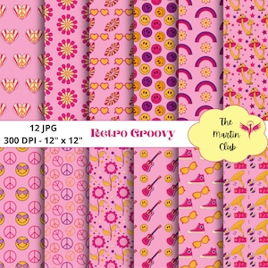 Retro Groovy Background Digital Papers Orange Pink Purple Groovy 60' 70' Scrapbook Paper - Digital Download - Personal & Commercial Use