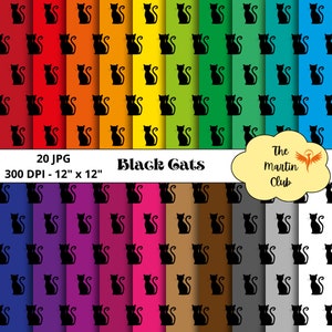 Black Cats Digital Papers Background Rainbow Cats Scrapbook Paper Halloween Pattern - Digital Download - Personal & Commercial Use