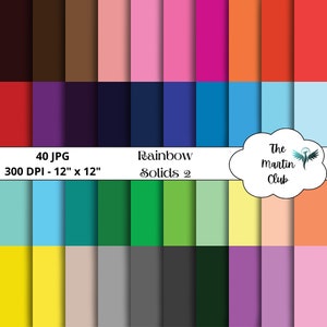 Può includere: Un set di 40 sfondi di carta digitale in vari colori, tra cui rosso, arancione, giallo, verde, blu, viola, rosa e marrone. I fogli sono di 30,48 cm per 30,48 cm e 300 DPI. Il testo "Rainbow Solids 2" e "The Martin Club" è visibile nell'immagine.