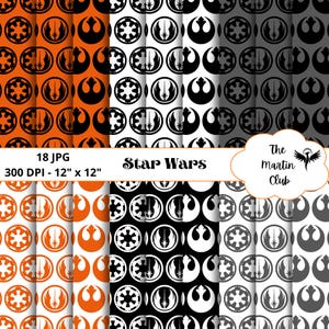 May include: Set of 18 digital paper designs featuring Star Wars symbols in black, white, and orange. The symbols include the Rebel Alliance symbol, the Galactic Empire symbol, and the Death Star symbol. The papers are 300 DPI and measure 12 inches by 12 inches.