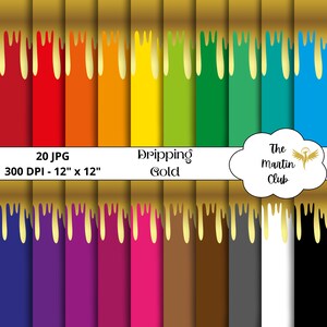 May include: 20 digital paper backgrounds with dripping gold accents. Each background is a different color, including red, orange, yellow, green, blue, purple, pink, brown, gray, and white. The papers are 12 inches by 12 inches and 300 DPI.