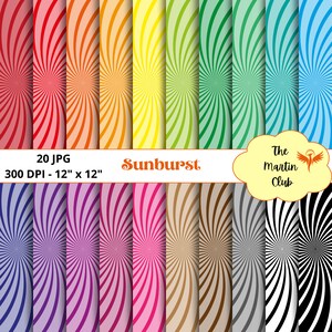 Può includere: 20 design di carta digitale con un motivo a raggiera in vari colori, tra cui rosso, arancione, giallo, verde, blu, viola, rosa, marrone, grigio e nero. Ogni design misura 30,48 cm per 30,48 cm e ha una risoluzione di 300 DPI. Il testo "Sunburst" è visualizzato in un font retrò.