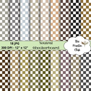Può includere: Set di 18 motivi di carta digitale con disegni a scacchiera neutri in vari colori. Ogni motivo misura 30,5 cm per 30,5 cm e 300 DPI. Il testo "Scacchiera neutra" è visibile nell'immagine.