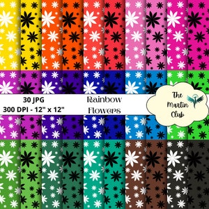 Rainbow Flowers Background Digital Papers Black White Flowers Scrapbook Paper Pattern - Digital Download - Personal & Commercial Use