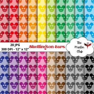 Può includere: Carte digitali a motivi ripetuti con un design a forma di teschio stilizzato in vari colori. Ogni carta misura 30,48 cm x 30,48 cm. Il testo "Skellington Ears" è visibile.