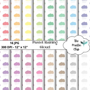 Può includere: Un set di 16 motivi di carta digitale con nuvole color pastello e gocce di pioggia su uno sfondo bianco. Il testo "Pastel Raining Cloud" è incluso nell'immagine. Le carte misurano 30,48 cm per 30,48 cm e 300 DPI.