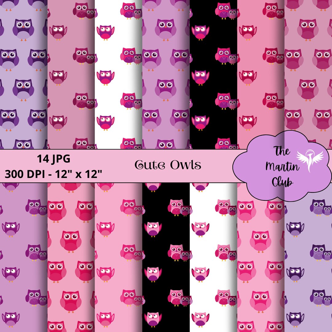 Cute Owls Background Digital Papers Pink Purple Owls Scrapbook Pattern ...