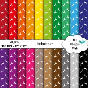 Può includere: Un set di 20 design di carta digitale con una silhouette di renna bianca su una varietà di sfondi colorati. I fogli misurano 30,48 cm x 30,48 cm e hanno una risoluzione di 300 DPI. Il testo "Reindeer" è incluso nell'immagine.