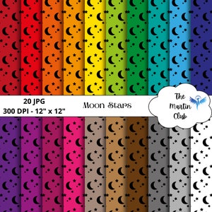 Rainbow Moon and Star Background Digital Papers Black Moon and Stars Scrapbook Paper - Digital Download - Personal & Commercial Use