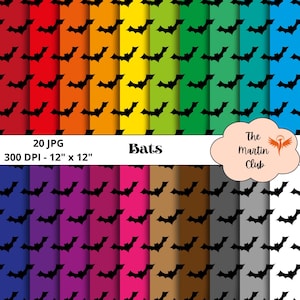 Può includere: Un set di 20 design di carta digitale con pipistrelli neri su una varietà di sfondi colorati. I fogli sono di 30,5 cm x 30,5 cm e 300 DPI. Il testo "Bats" è nella parte superiore dell'immagine.