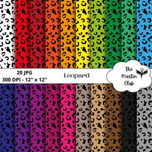 Può includere: Una collezione di 20 carte digitali con stampa leopardata in vari colori, ciascuna di 30,48 cm x 30,48 cm. I disegni presentano macchie nere su sfondi bianchi, rossi, arancioni, gialli, verdi, blu, viola, rosa, marroni e grigi. È visibile il logo The Martin Club.