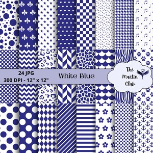 Può includere: Un set di 24 motivi di carta digitale in bianco e blu. I motivi includono pois, stelle, cuori, chevron, stampa leopardata, stampa giraffa, squame, stampa zebra, impronte di zampe, ancore, fiori e strisce.