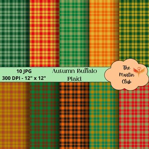Può includere: Dieci design digitali di carta con vari motivi a quadri di bufalo autunnali in rosso, arancione, verde, nero e giallo. Ogni design misura 30,5 cm per 30,5 cm e 300 DPI.