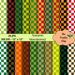 Può includere: Una collezione di 20 carte digitali JPG con un motivo a scacchi in vari colori, tra cui verde, arancione, rosso e marrone. Ogni carta misura 30,48 cm x 30,48 cm a 300 DPI. Il testo "Autumn Checkered" è visualizzato.