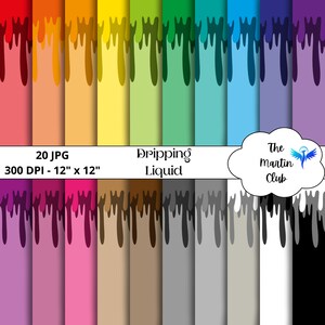 Può includere: Un set di 20 sfondi di carta digitale con liquido che cola in vari colori. I fogli sono di 30,48 cm per 30,48 cm e 300 DPI. Il testo "Dripping Liquid" è incluso nell'immagine.