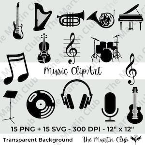 Musik ClipArt SVG Musikinstrumente Musiknoten SVG PNG Transparenter Hintergrund - Digitaler Download - Persönliche und kommerzielle Nutzung