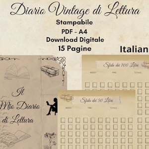Diario di Lettura Stile Vintage Diario Lettura Stampabile Book Journal Italiano Printable Reading Tracker, PDF, ITALIANO