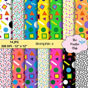Può includere: Un set di 14 design di carta digitale in stile Memphis con forme geometriche, colori vivaci e motivi. Le carte misurano 30,48 cm per 30,48 cm e 300 DPI.